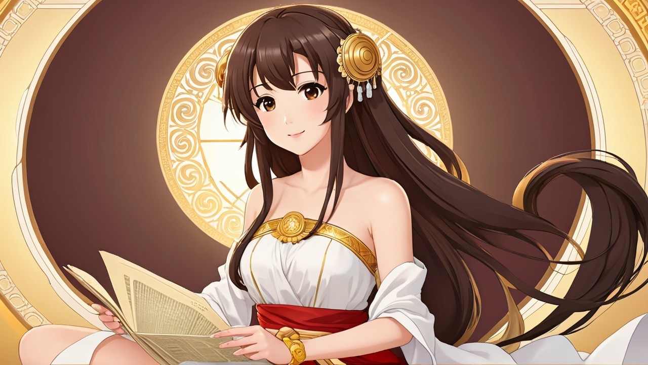 Animated character in white gown with red sash