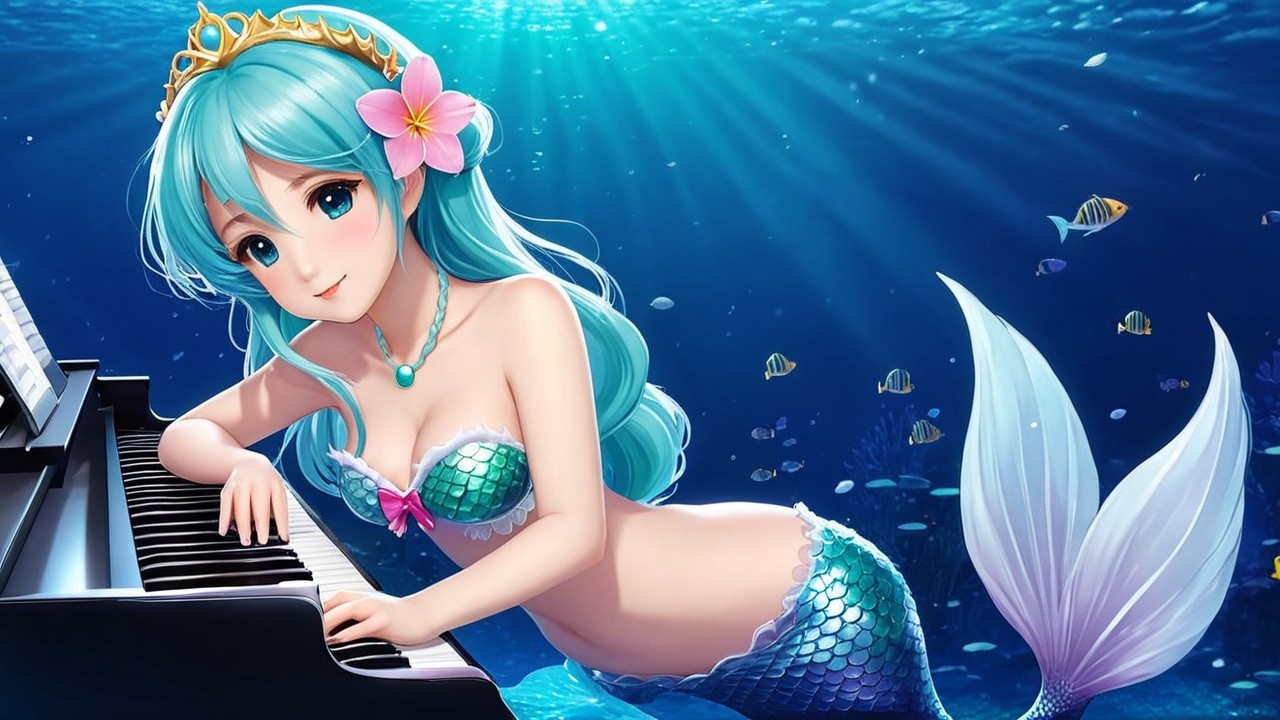 Underwater Scene with Mermaid Playing Piano