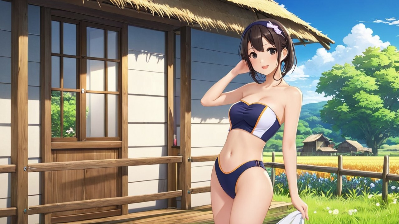 Young woman in bikini on porch in sunny landscape