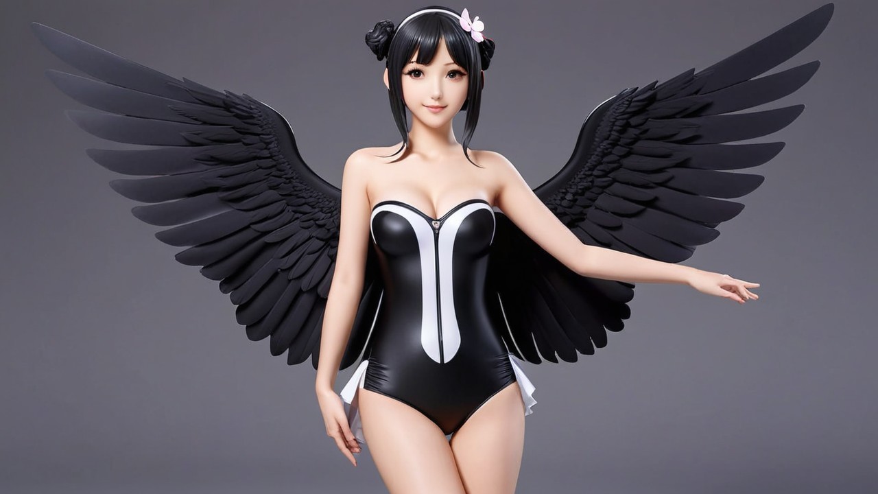 Stylized character with black hair and majestic wings