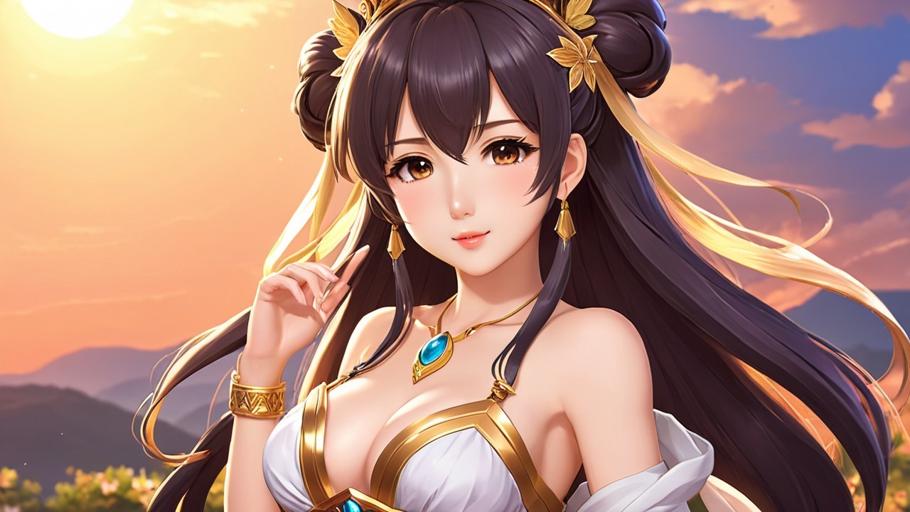 Character with Dark Hair and Elegant Outfit at Sunset