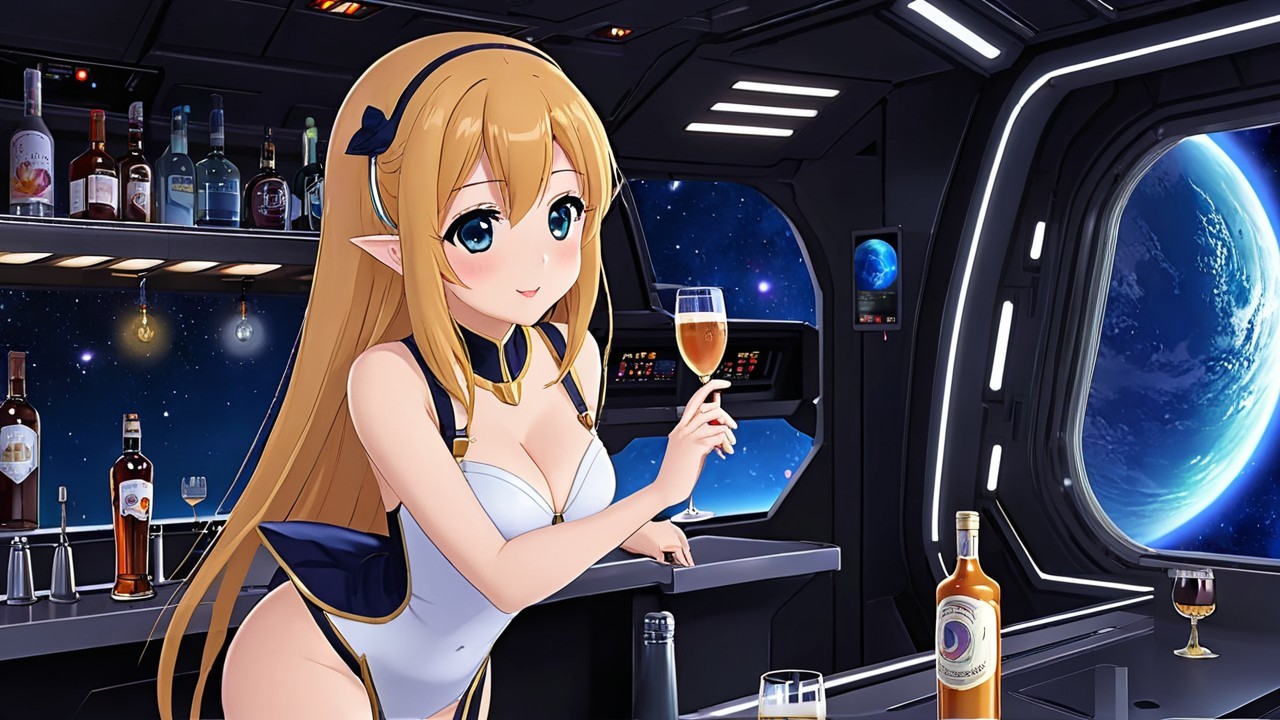 Cheerful anime character at futuristic space bar