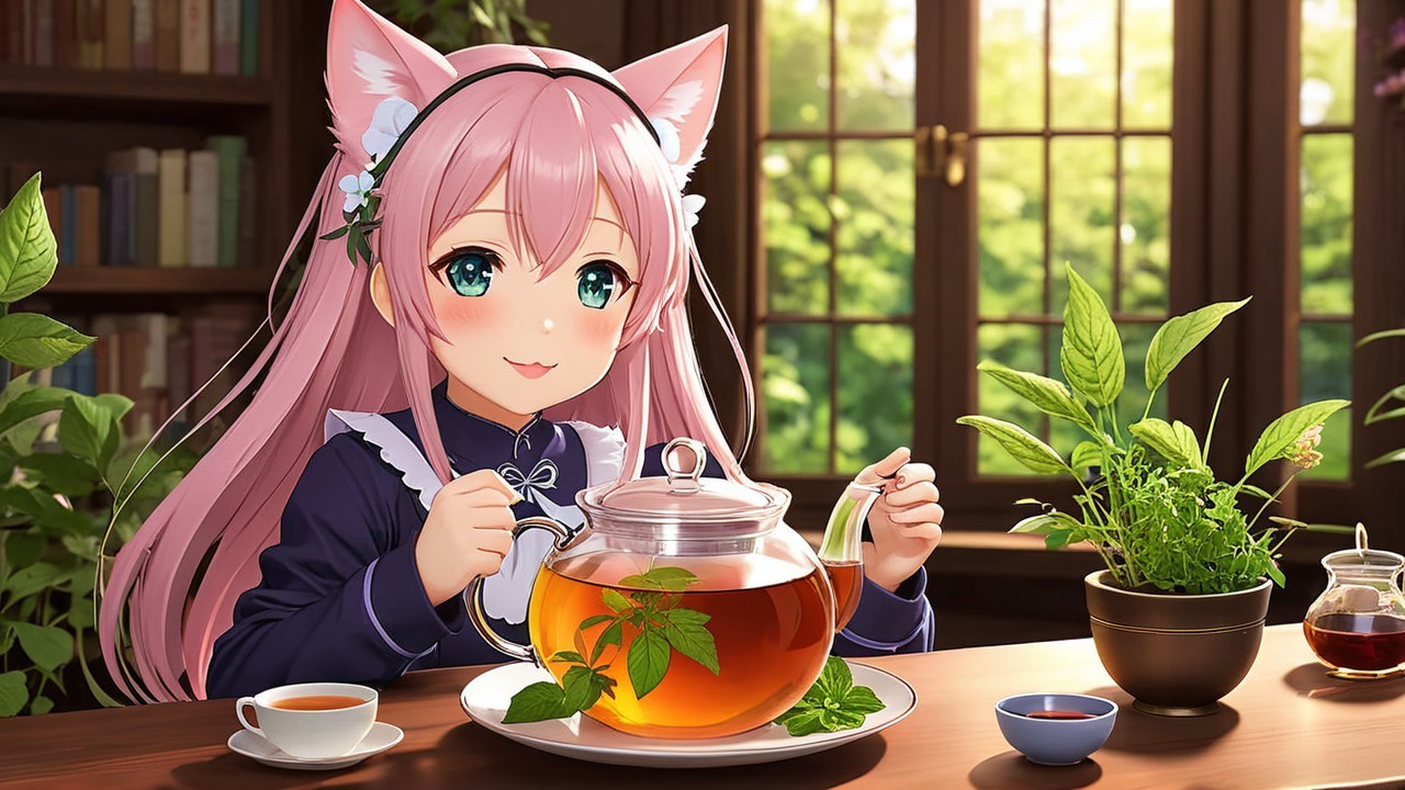 Young girl with pink hair pouring tea in a cozy setting