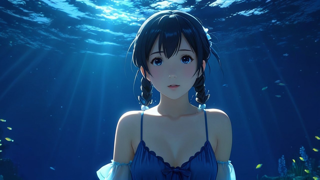 Young woman with braids in enchanting underwater scene