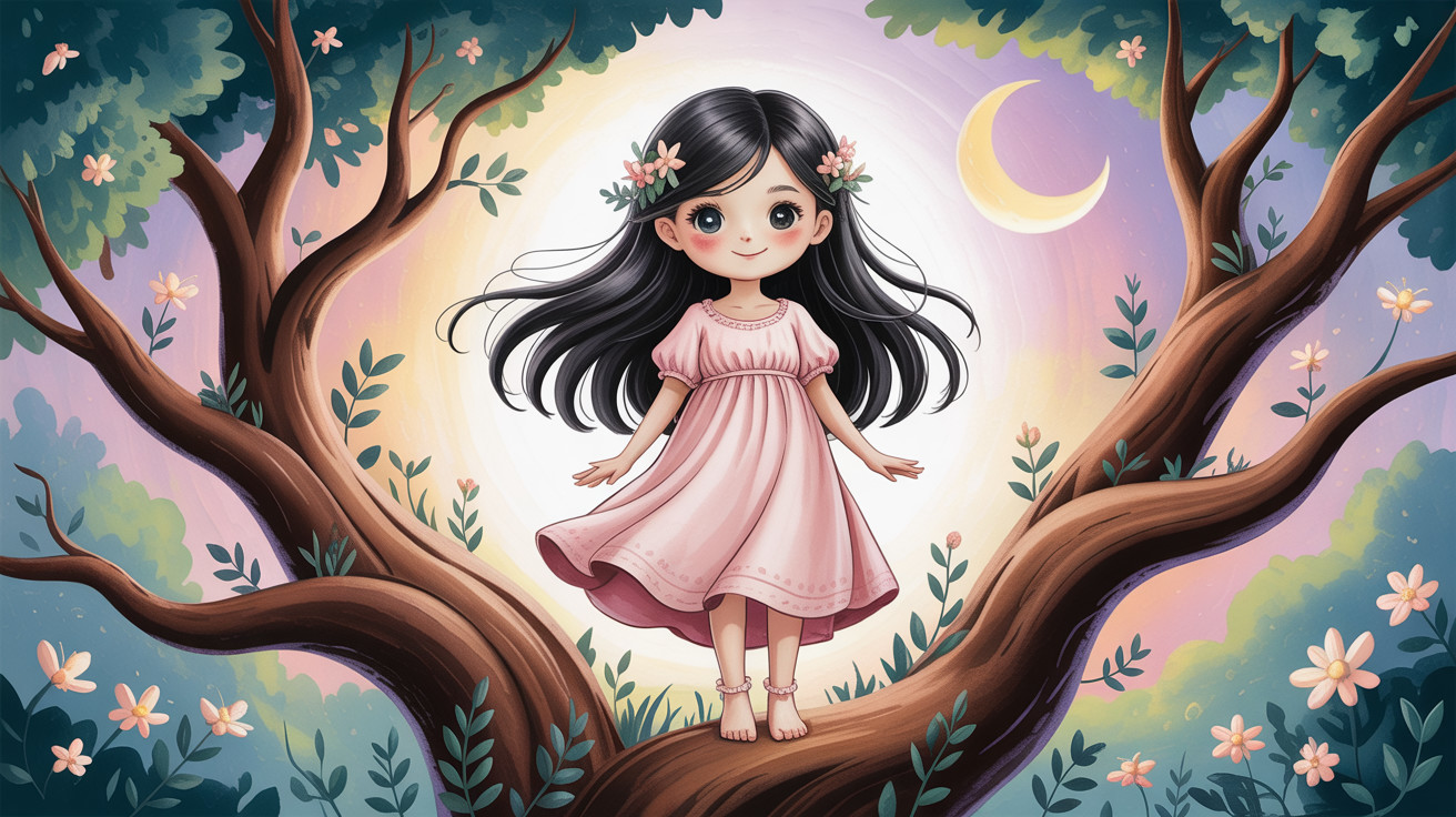 Girl in Pink Dress on Tree Branch with Moonlit Sky