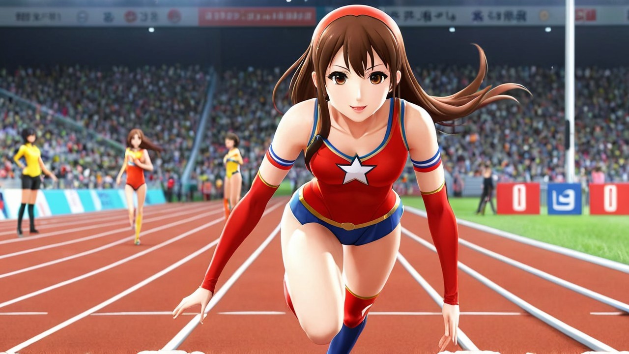 Animated Female Athlete in Superhero Outfit on Track