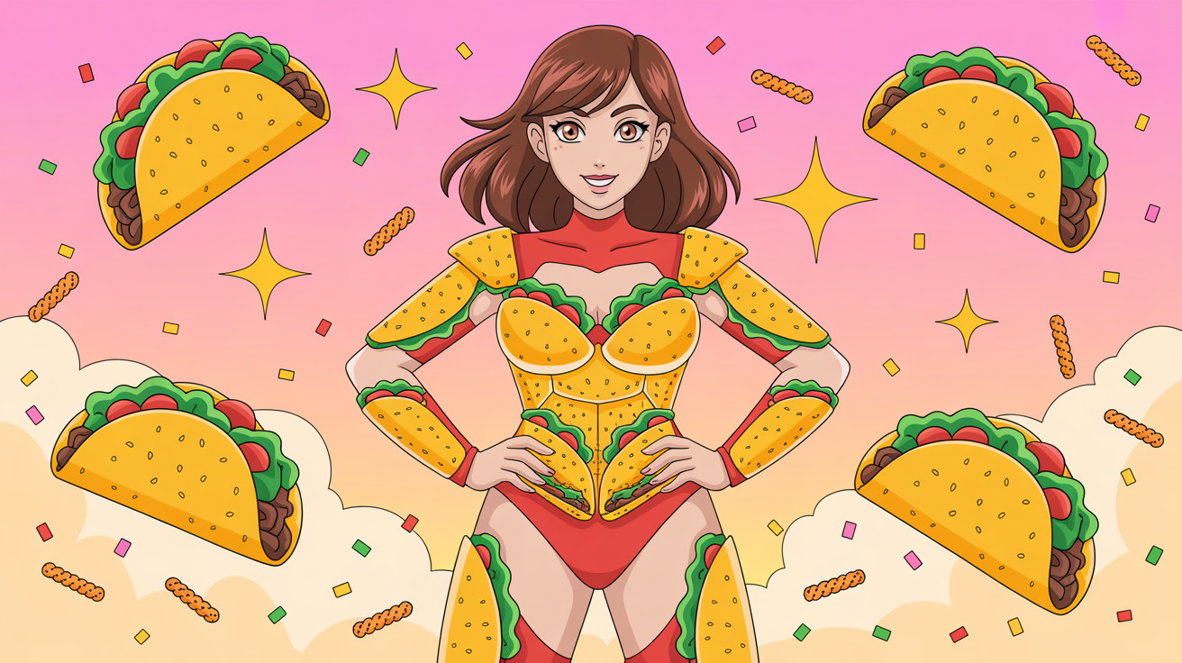 Cartoon Woman in Taco-Themed Superhero Costume Artwork