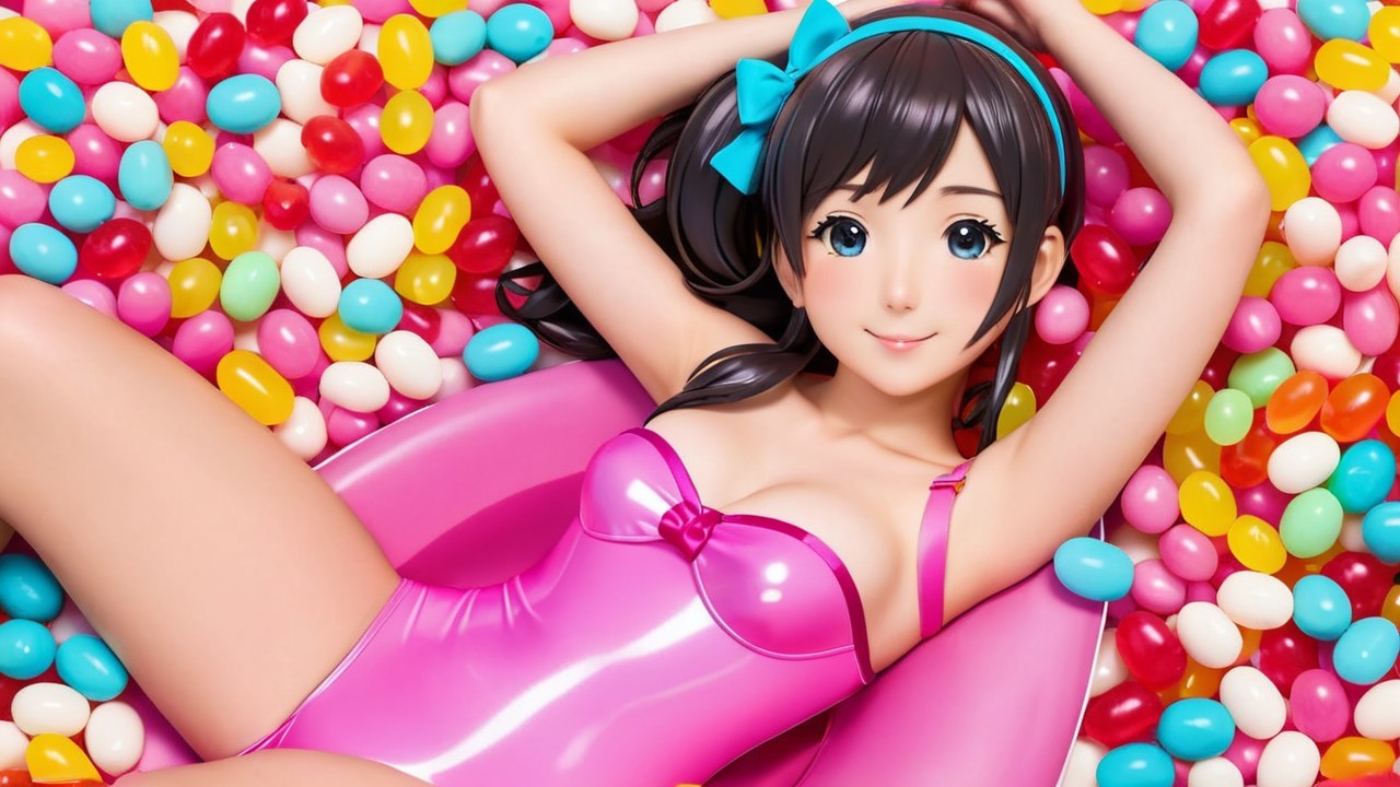 Cheerful anime character in colorful jelly bean pool