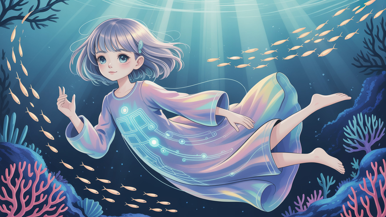 Anime girl with blue eyes floating underwater in dress