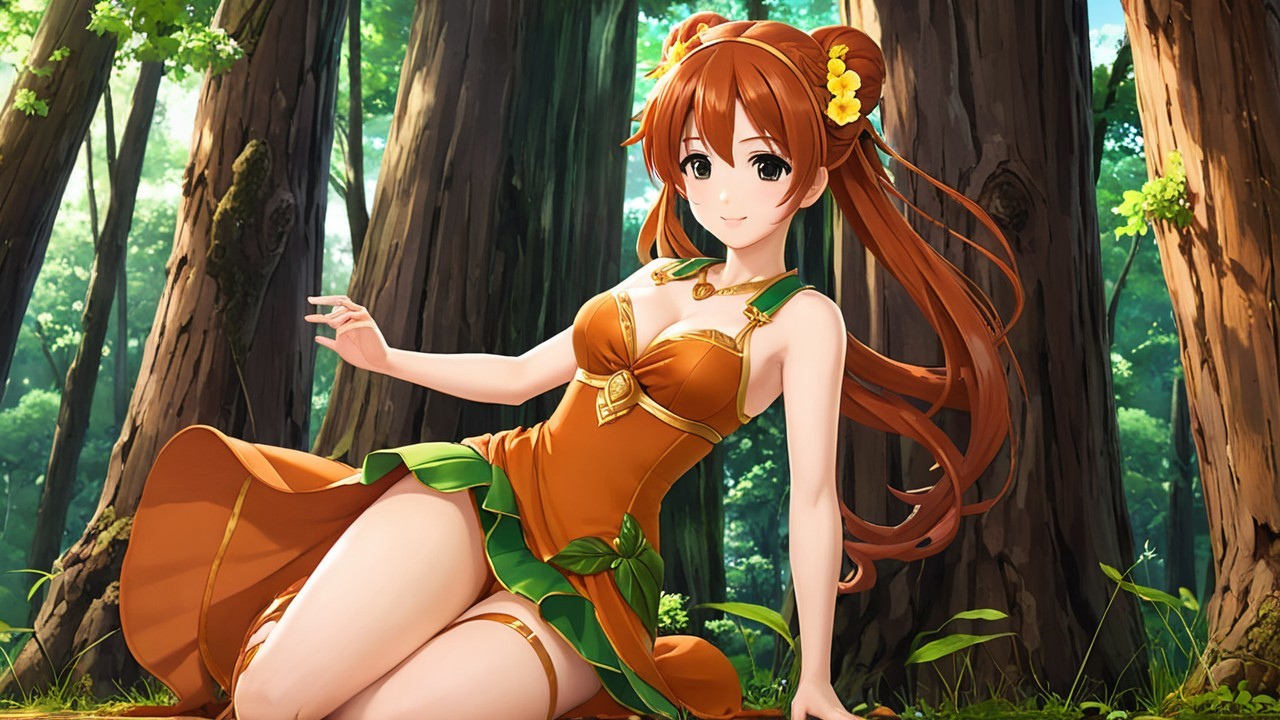 Character in Orange Dress Surrounded by Lush Forest