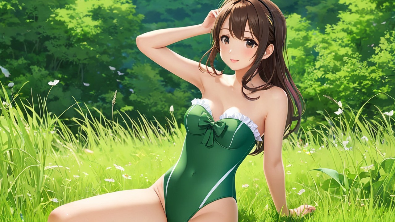 Young woman in green swimsuit on grassy field