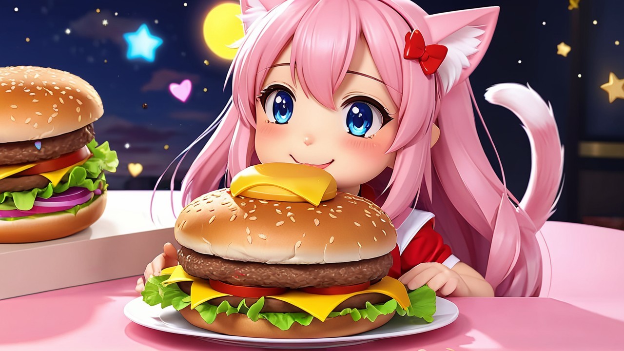 Cheerful anime girl with pink hair and hamburger