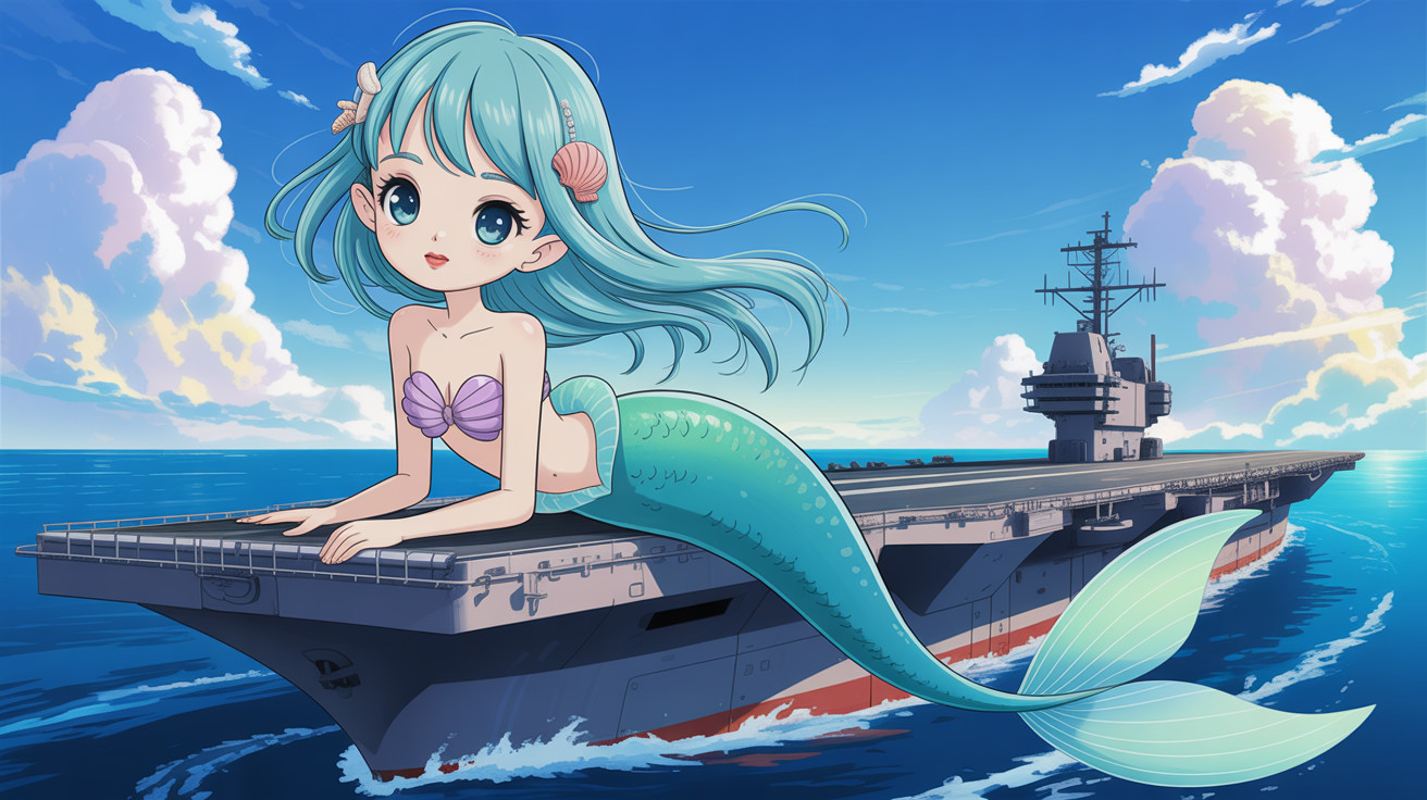 Anime Mermaid on Aircraft Carrier Deck in Ocean