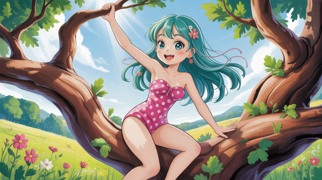 Anime girl in pink polka dot swimsuit swinging on tree