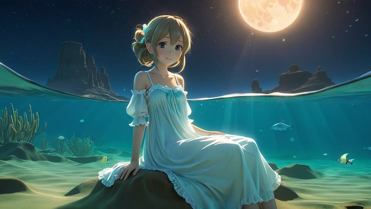 Underwater Scene with Girl in White Dress and Fish