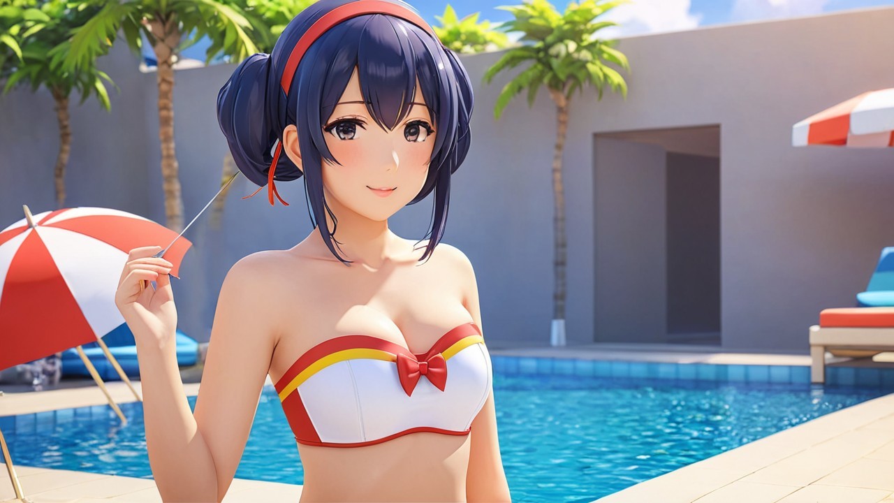 Young woman in bikini by vibrant blue poolside