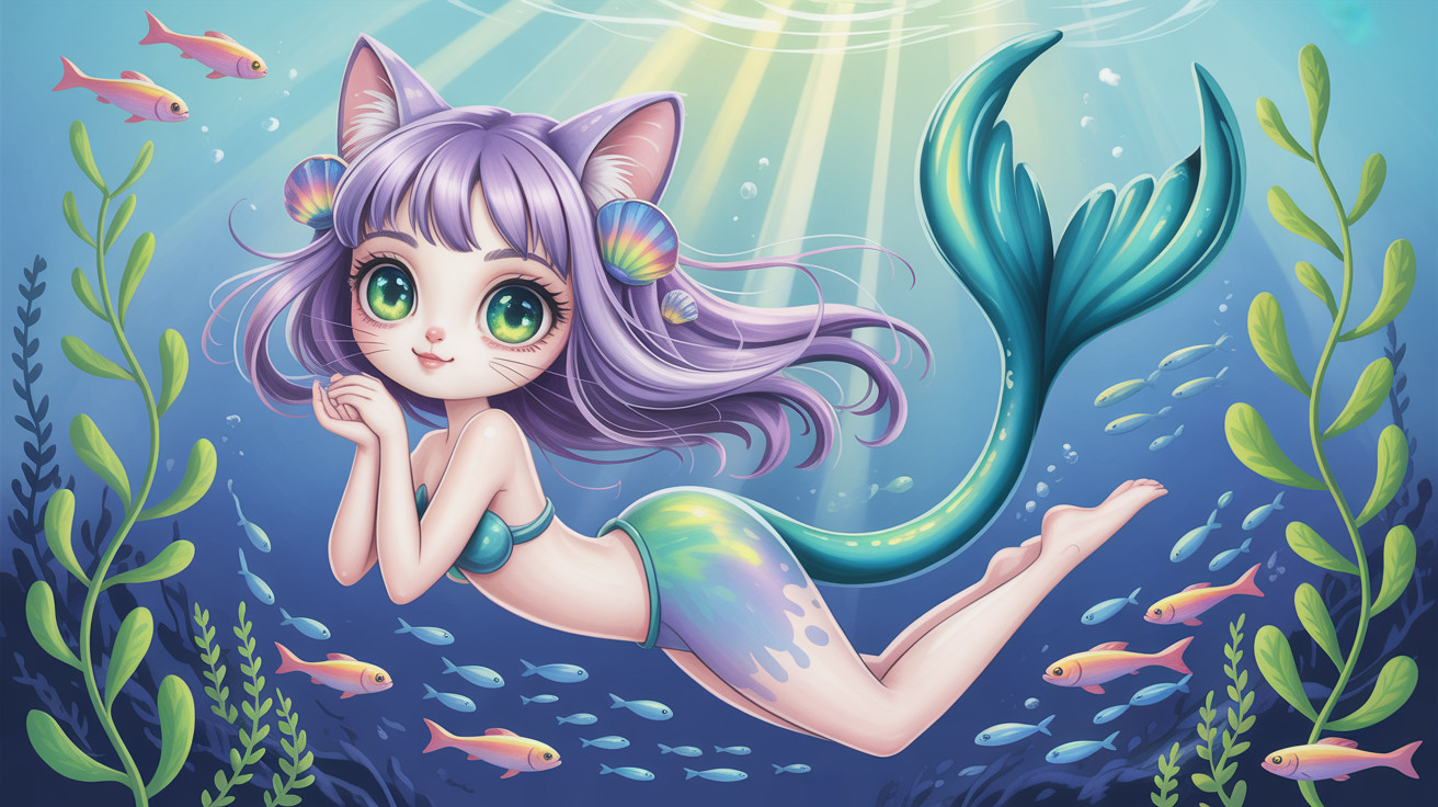 Cute Catgirl Mermaid with Sparkling Green Eyes