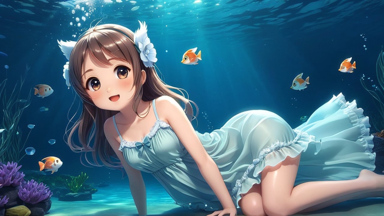 Underwater Scene with Girl and Colorful Marine Life