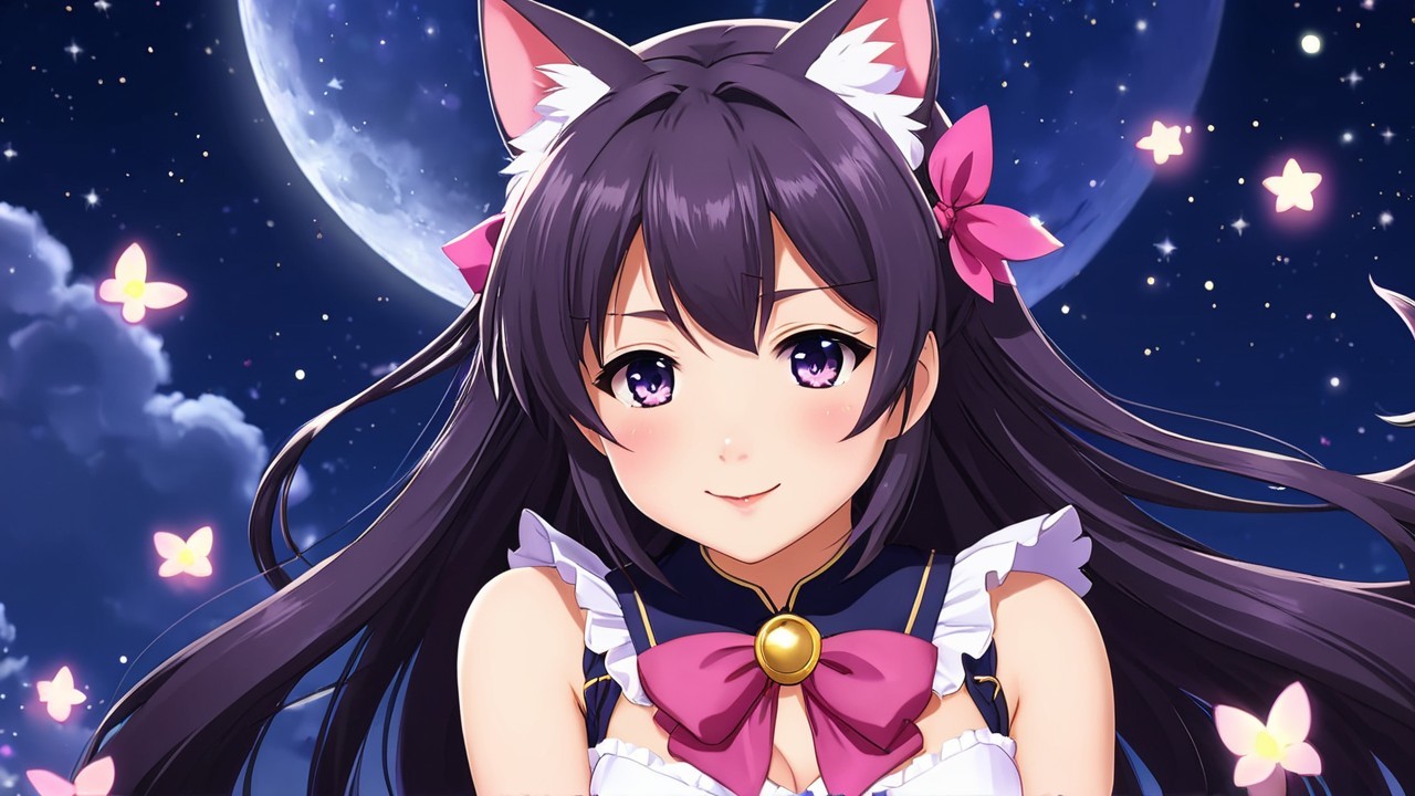 Cheerful anime girl with cat ears in a night sky setting