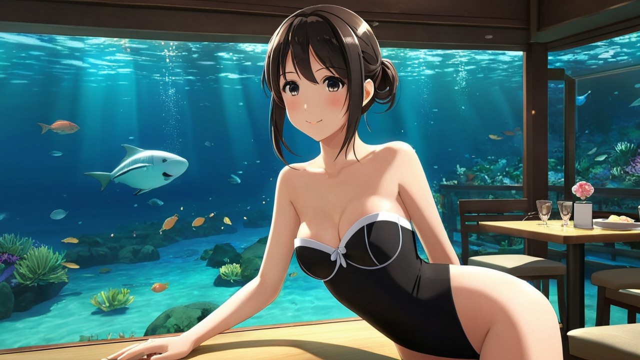 Young Woman in Black Swimsuit Underwater Scene