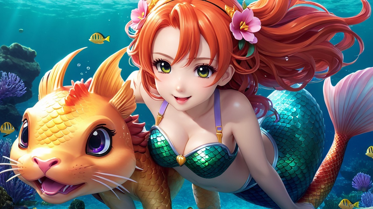 Vibrant Underwater Scene with Cheerful Mermaid and Creature