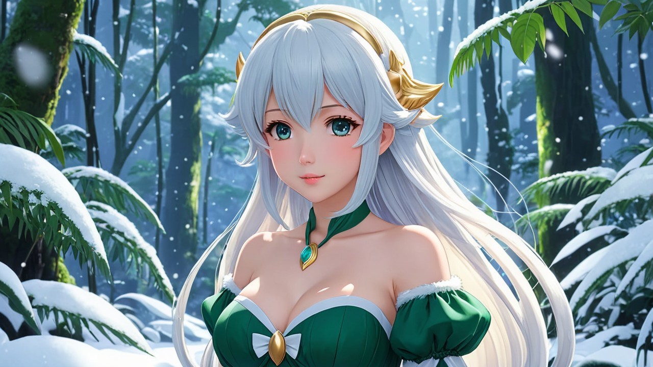 Silver-haired character in a snowy forest scene