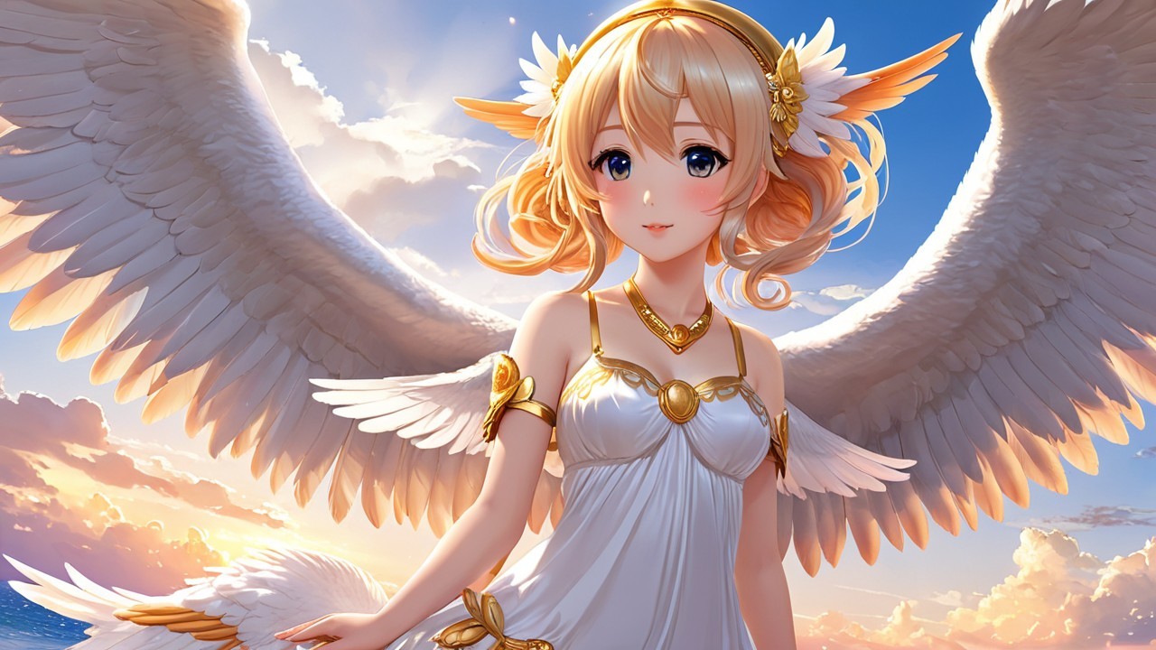 Angelic Figure with Blonde Hair and Feathery Wings