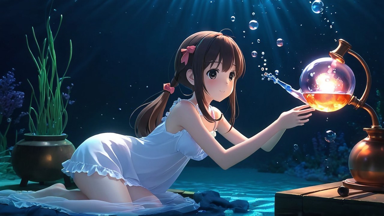 Young Girl in White Dress Kneeling Underwater