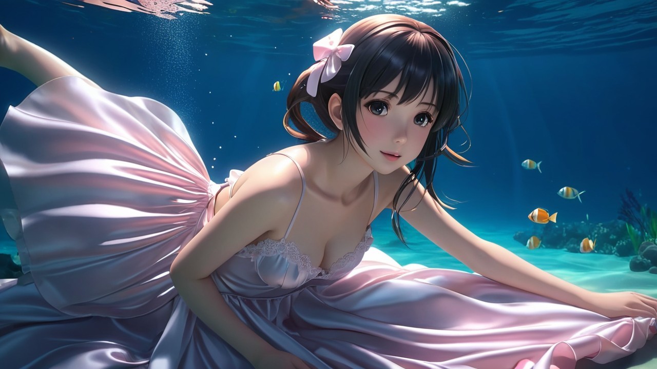 Young Woman in Pink Dress Swimming Underwater with Fish