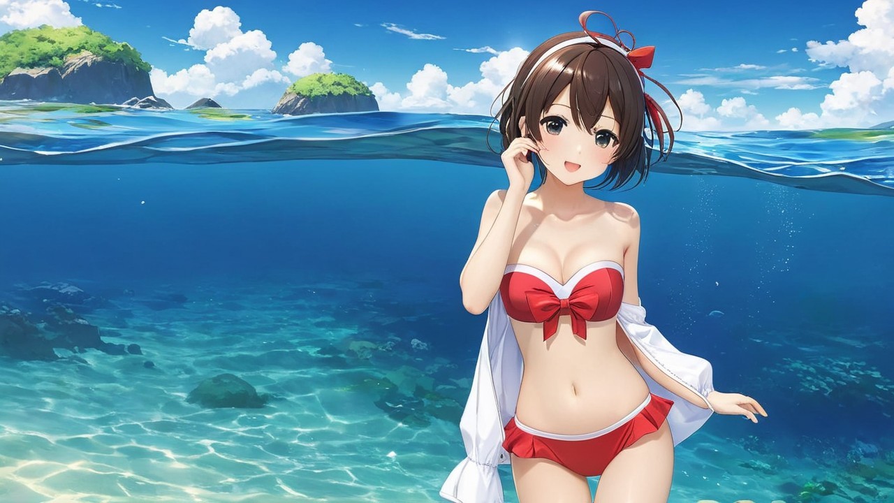 Cheerful anime girl in red bikini underwater scene
