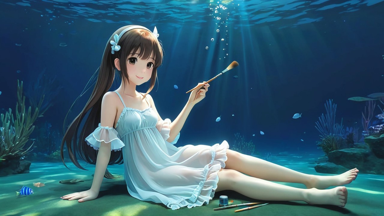 Underwater Scene of a Girl in a White Dress