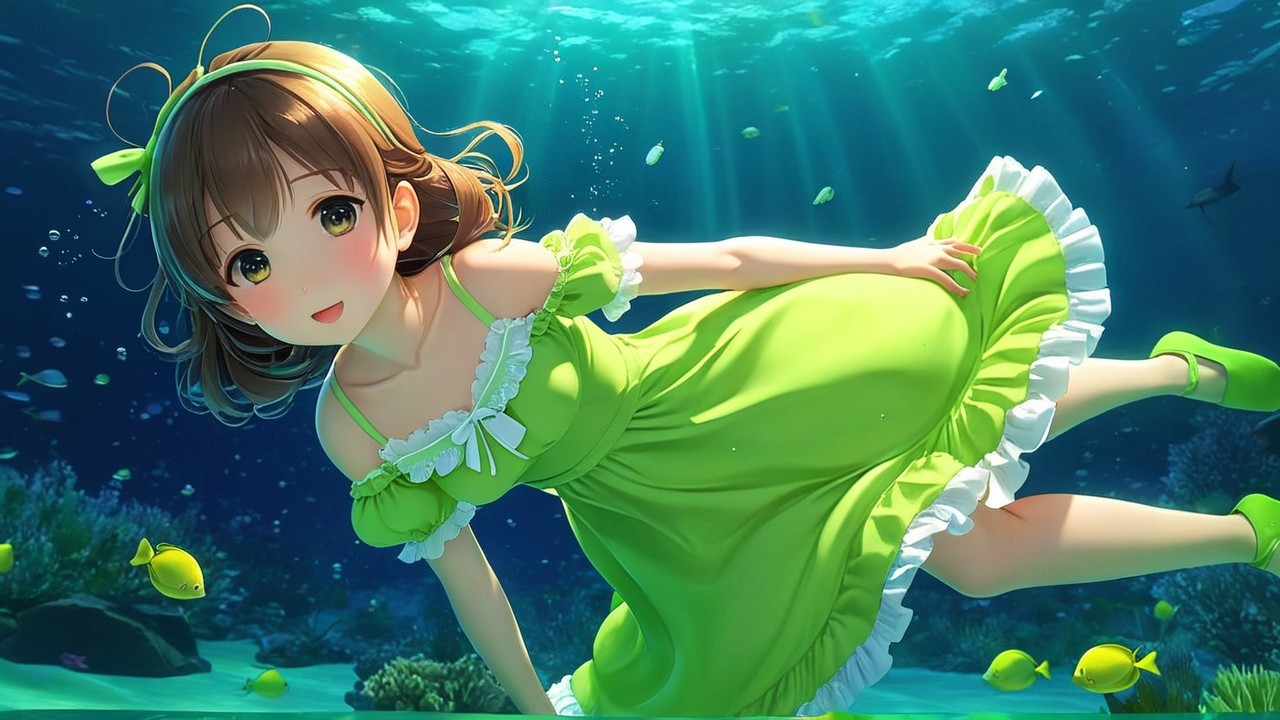 Underwater Scene with a Girl in Green Dress