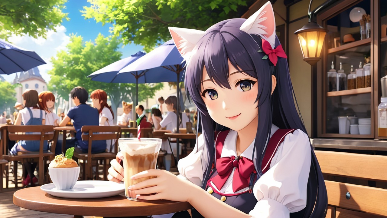 Cheerful Girl with Cat Ears at Outdoor Café Scene