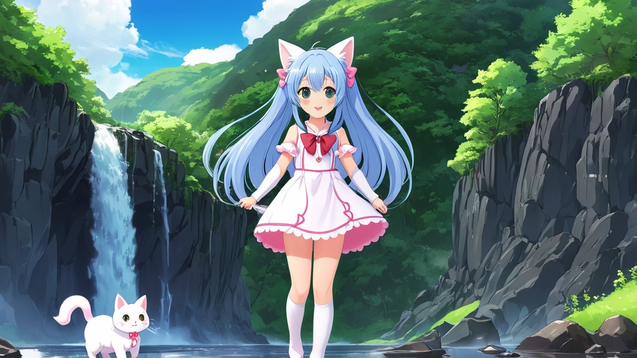 Anime Character by Waterfall with Cat and Green Hills