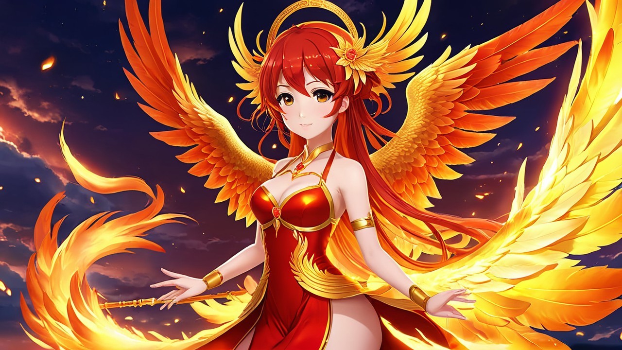 Character with Red Hair and Golden Wings in Dramatic Sky