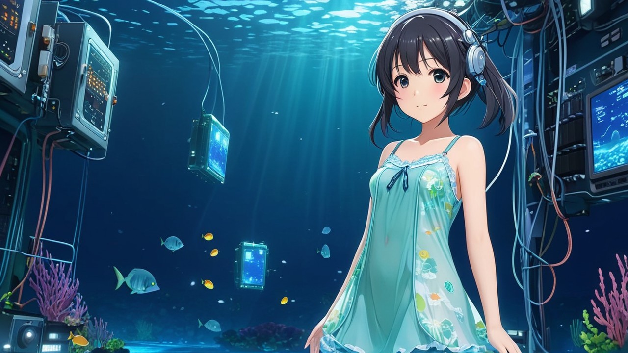 Underwater Scene with Young Girl and Coral Reefs