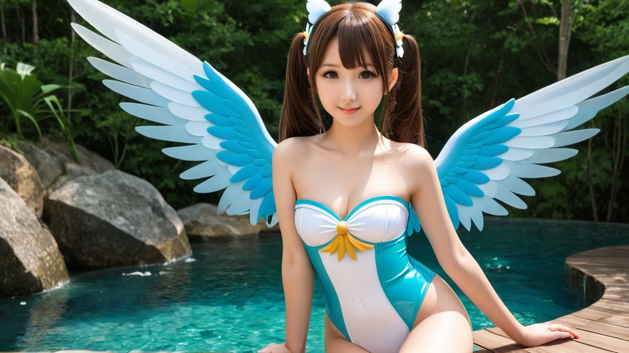 Young woman by blue pool with whimsical wings