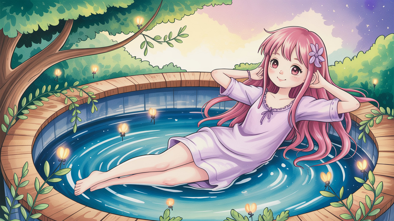 Anime Illustration of a Girl in a Hot Tub Setting