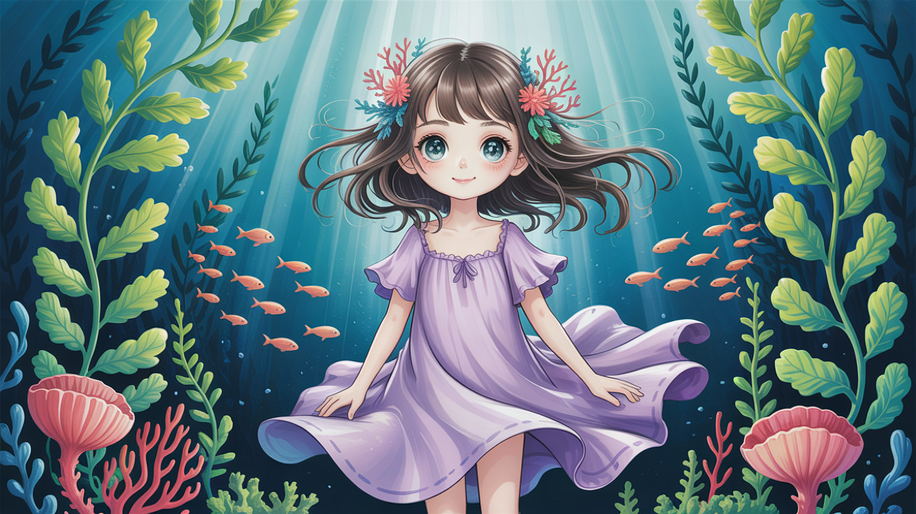 Anime girl in purple dress underwater with sea life