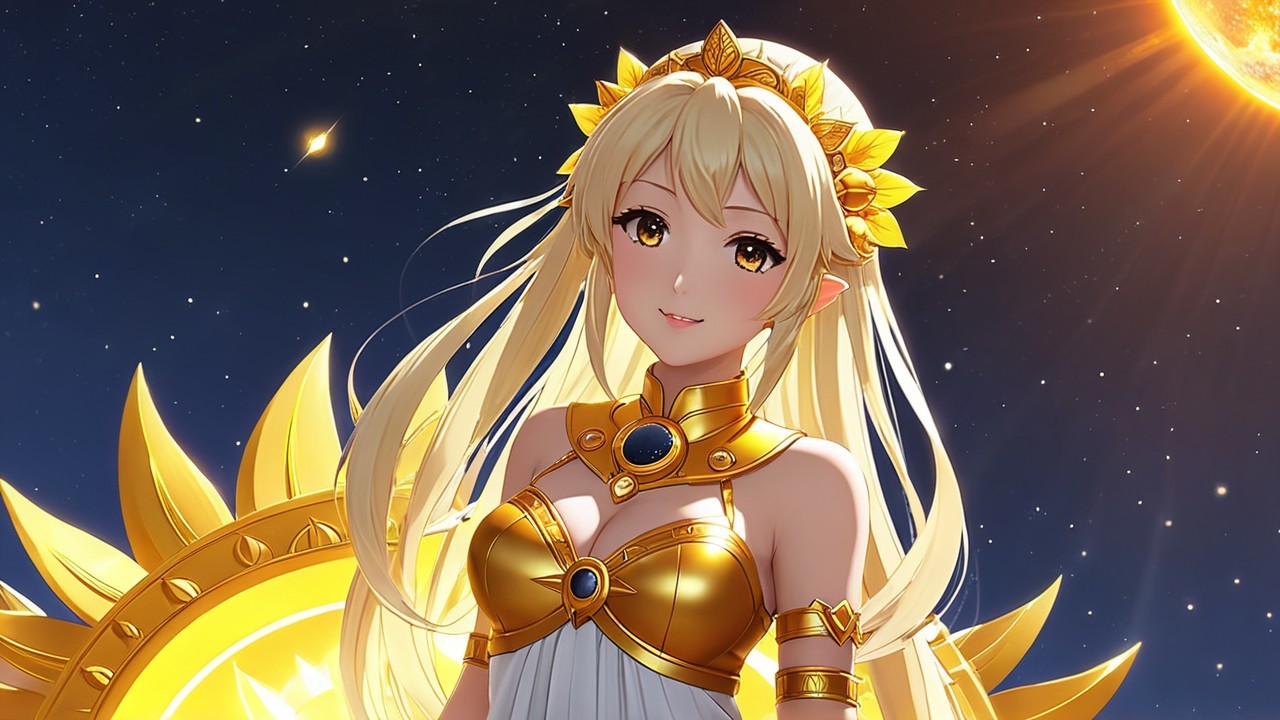Radiant Character Against Cosmic Sunlit Backdrop