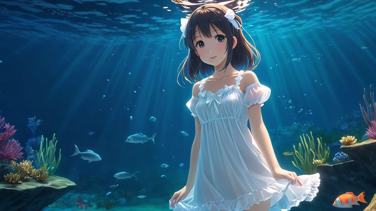 Young girl underwater among coral and fish
