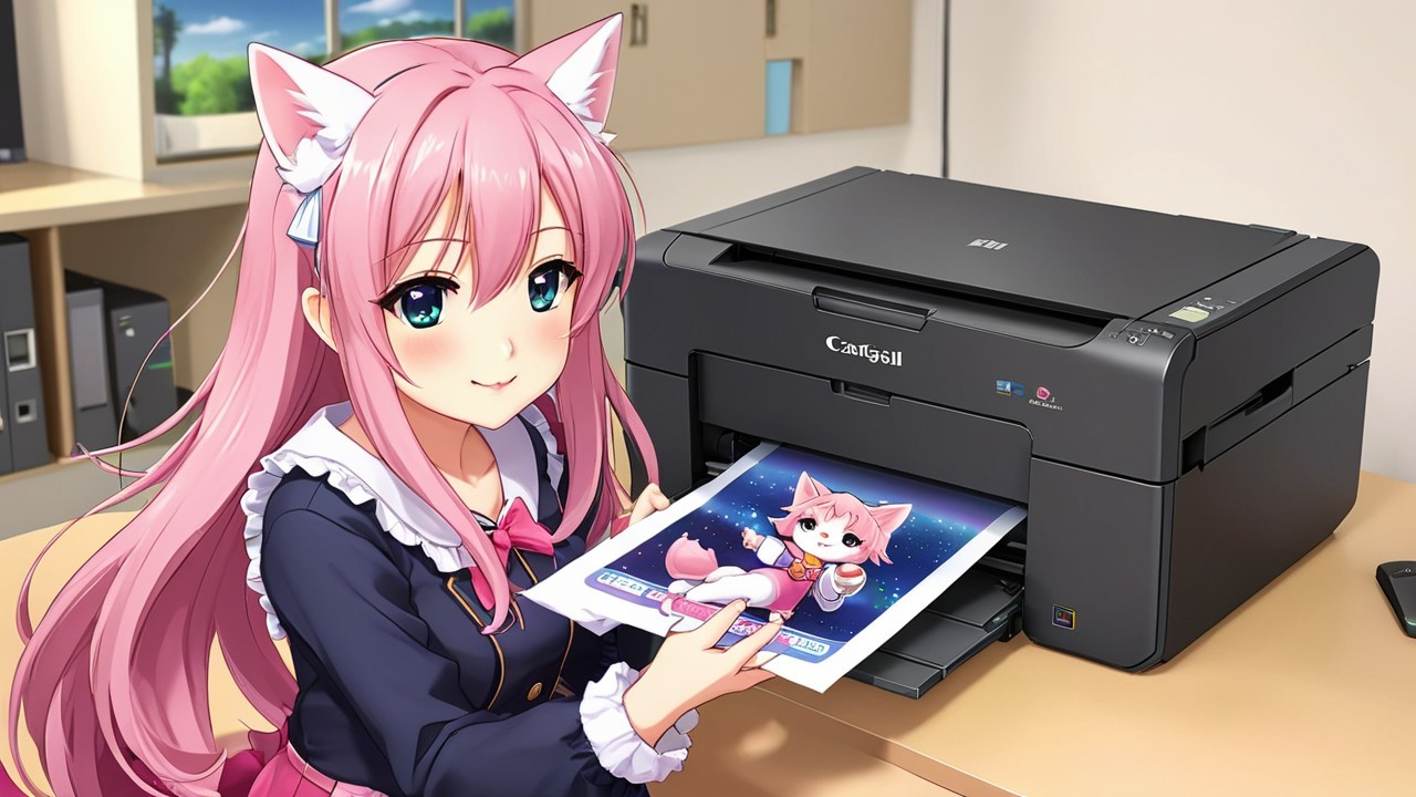 Anime girl with pink hair and cat ears in cozy room