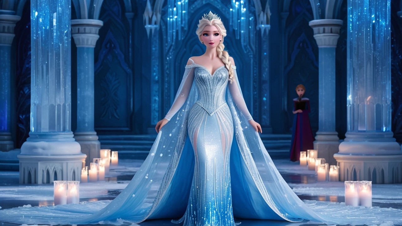 Ice Palace with Elegant Queen in Frosty Blue Gown