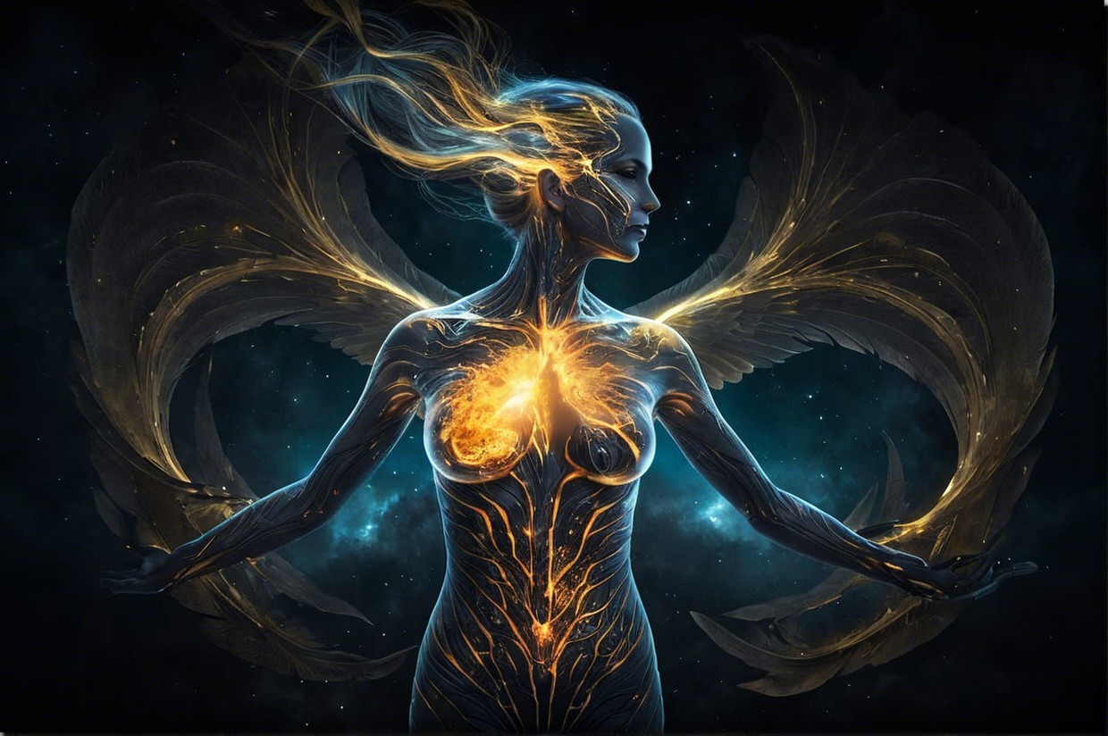 Ethereal Woman with Glowing Patterns and Wings