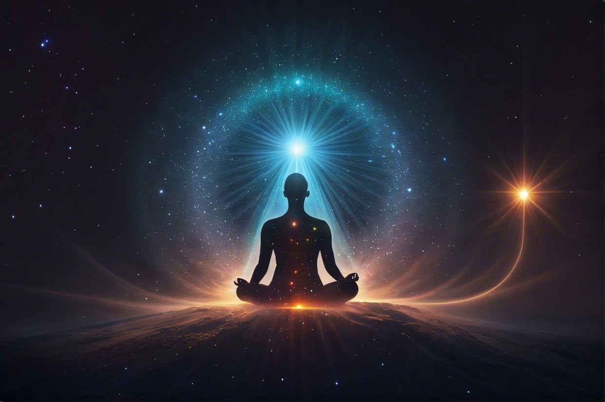 Meditative Figure Against Cosmic Starry Background