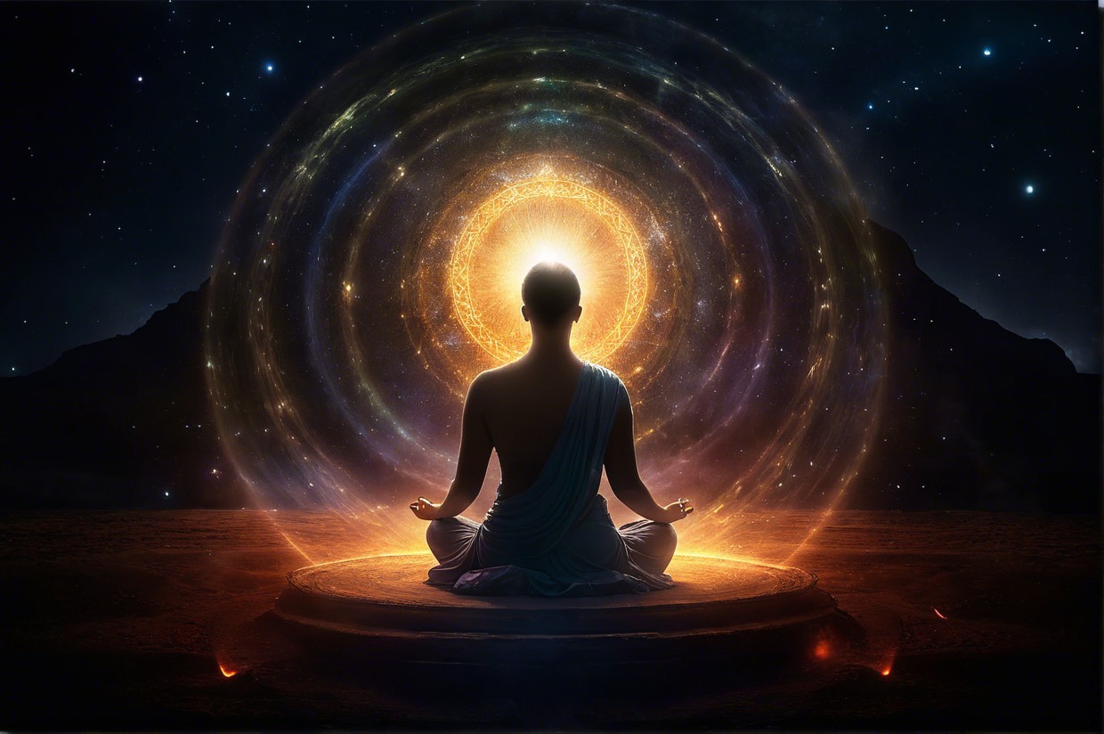 Meditative Figure Surrounded by Cosmic Energy