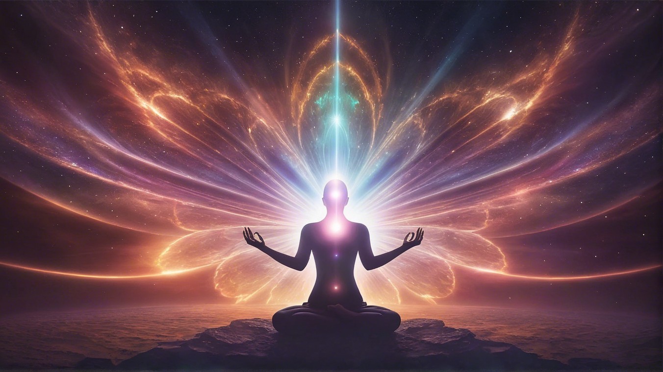 Meditative Figure Against Cosmic Backdrop with Energy