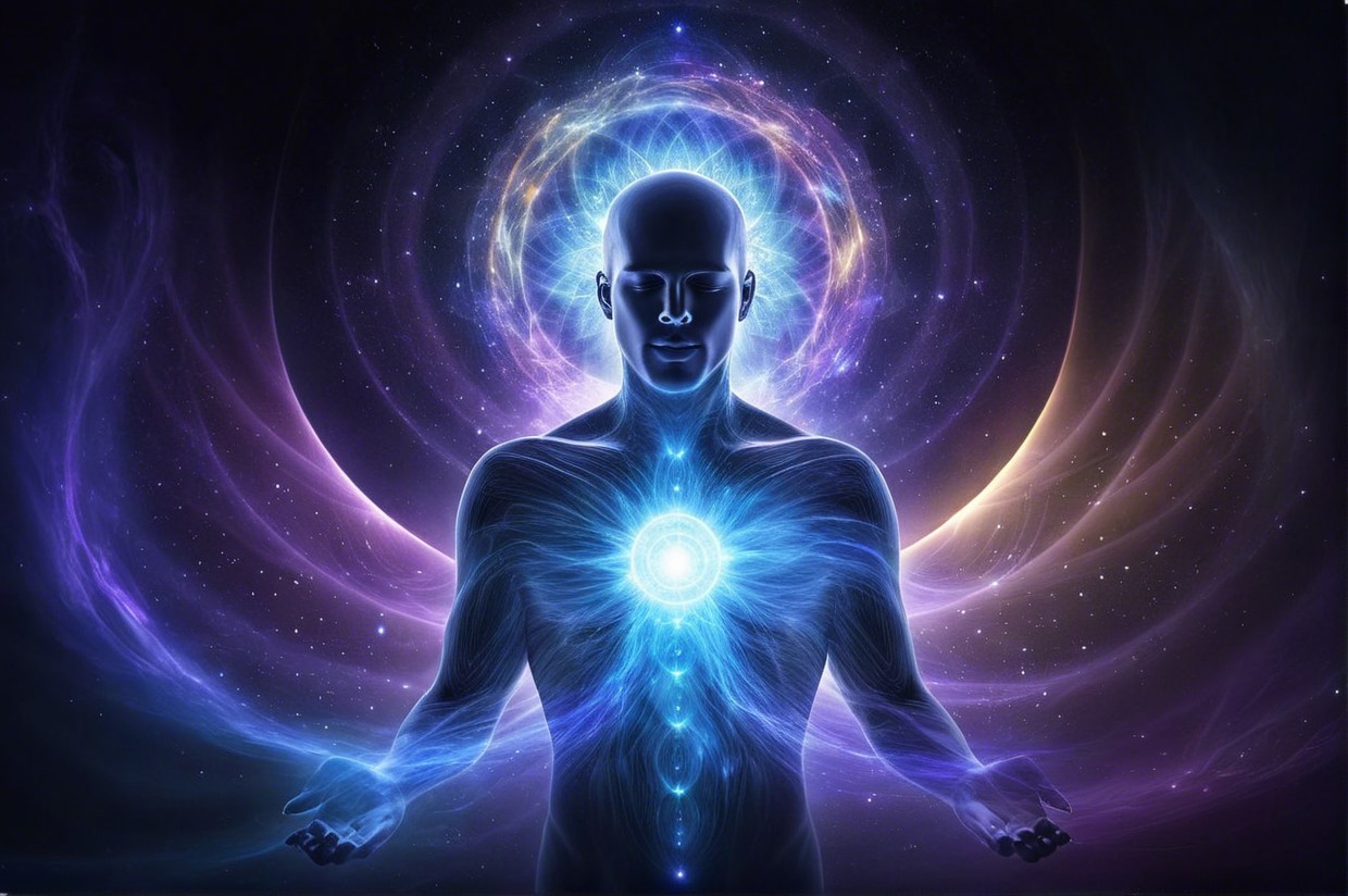 Serene Figure in Cosmic Backdrop with Radiant Light