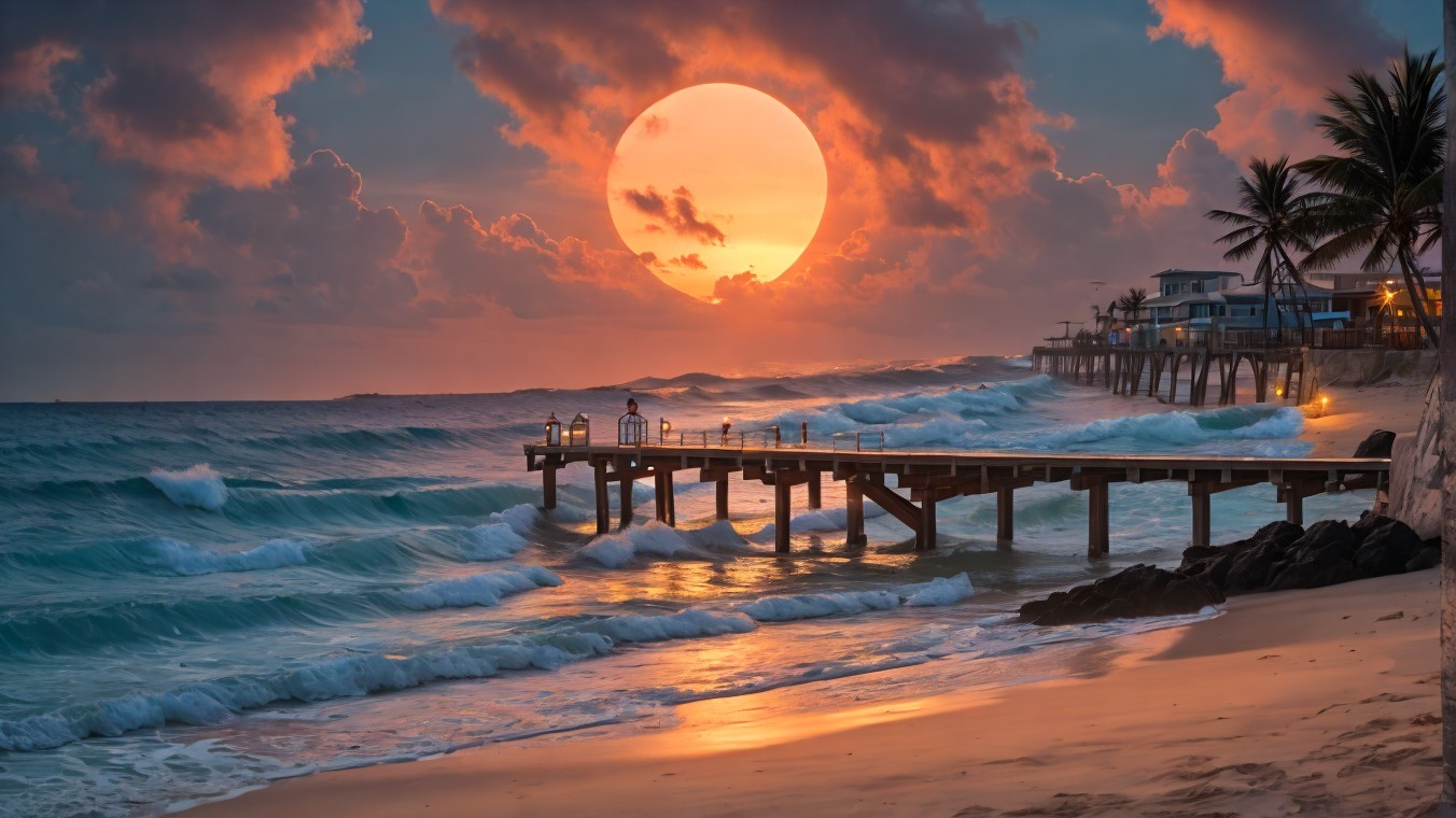 Serene Beach Sunset with Pier and Palm Trees