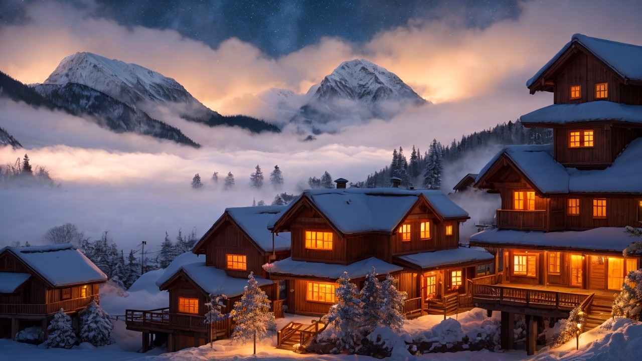 Cozy Wooden Chalets in a Serene Winter Landscape